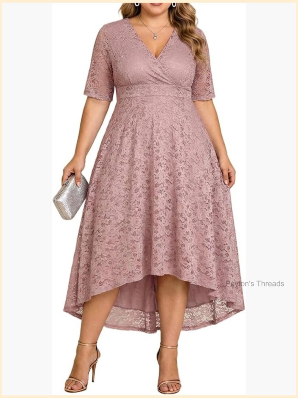 Plus Size Lace Faux Wrap V Neck High Low Short Sleeve Cocktail Dress